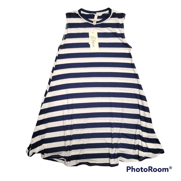 Elan Navy Blue And White Stripe Sleeveless Crew Neck Swing Dress With Pockets S - Picture 7 of 7